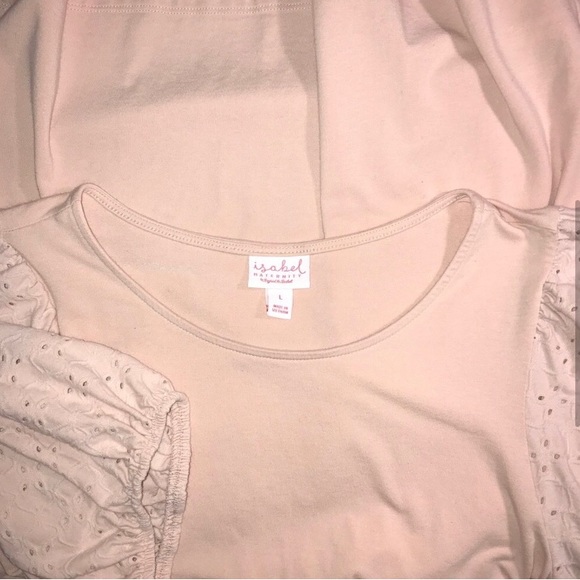 Isabel Blush Light Pink Maternity Tunic Blouse Eyelet Puff Sleeves Large - Picture 3 of 5